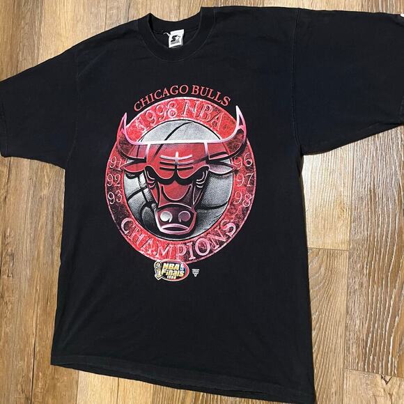 Vtg Starter Chicago Bulls NBA Champions T-Shirt L Double Sided Black 1998 Jordan - Picture 2 of 8